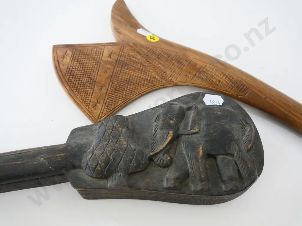 carved wood items - decorative club, woven handle coming loose, L-450 and elephant theme scales, some parts missing? Image 1++