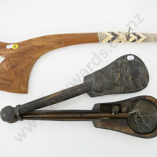 carved wood items - decorative club, woven handle coming loose, L-450 and elephant theme scales, some parts missing?