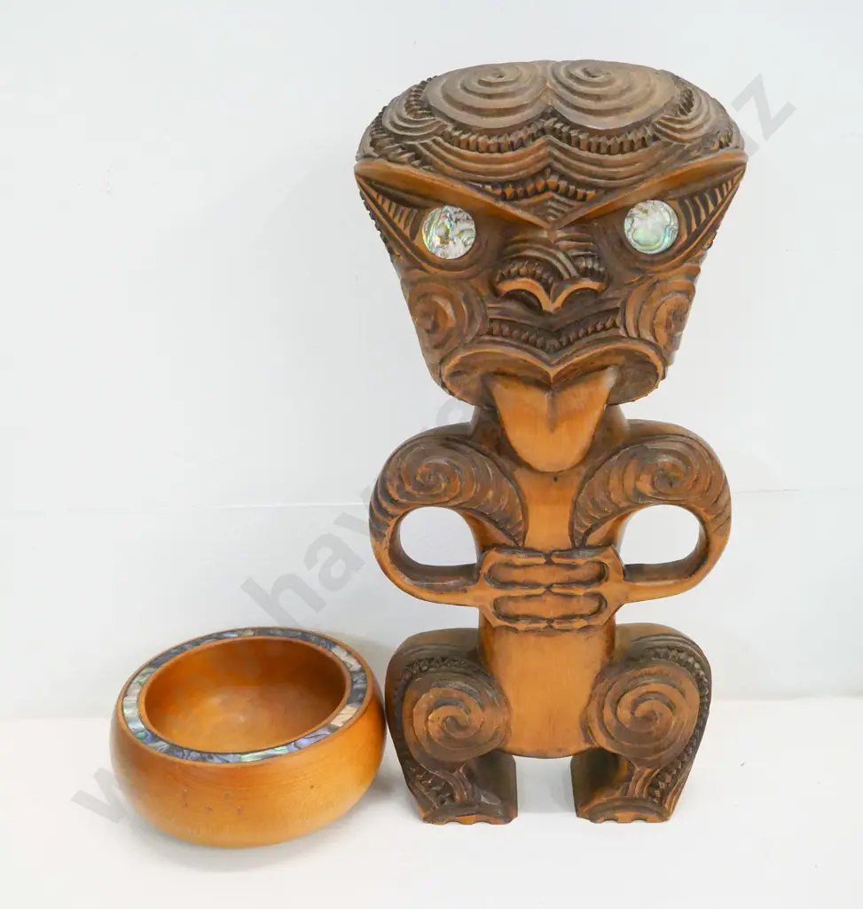 carved wood New Zealand Maori motif items - standing tiki with inset paua eyes H-310 and paua inlay bowl Image 1++