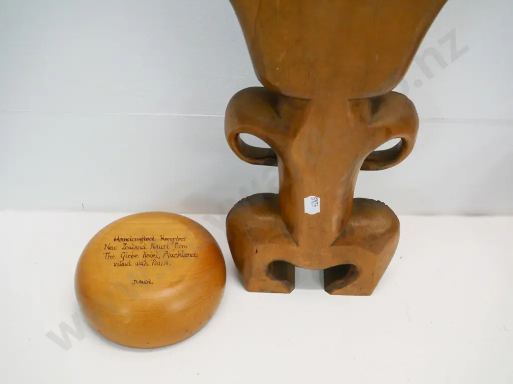 carved wood New Zealand Maori motif items - standing tiki with inset paua eyes H-310 and paua inlay bowl Image 1++