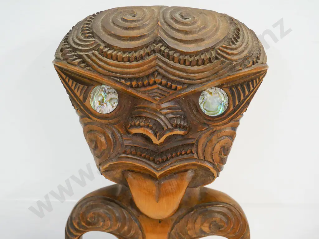 carved wood New Zealand Maori motif items - standing tiki with inset paua eyes H-310 and paua inlay bowl Image 1++
