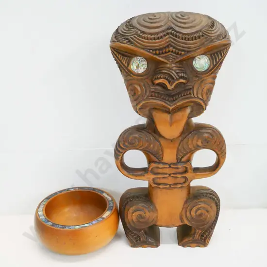 carved wood New Zealand Maori motif items - standing tiki with inset paua eyes H-310 and paua inlay bowl