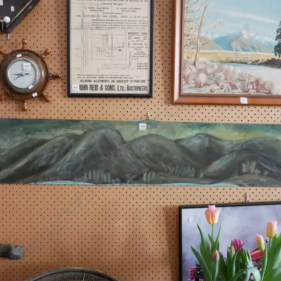 acrylic on board - lake, shore and hills