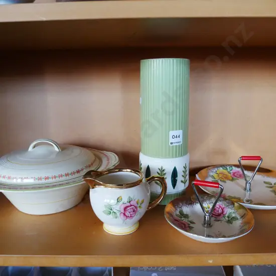 shelf; serving plates, milk jug, vase, Woods lidded vege