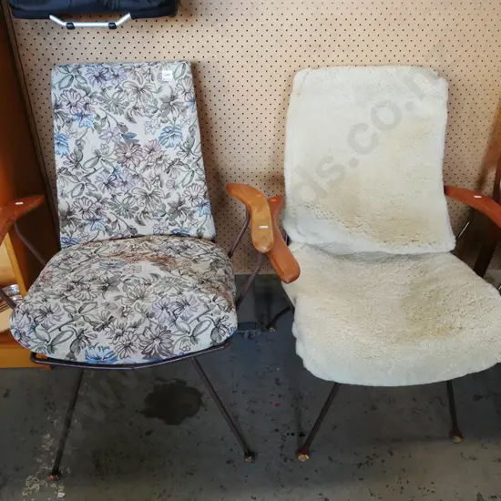 2x metal and wood reception chairs - orange dots