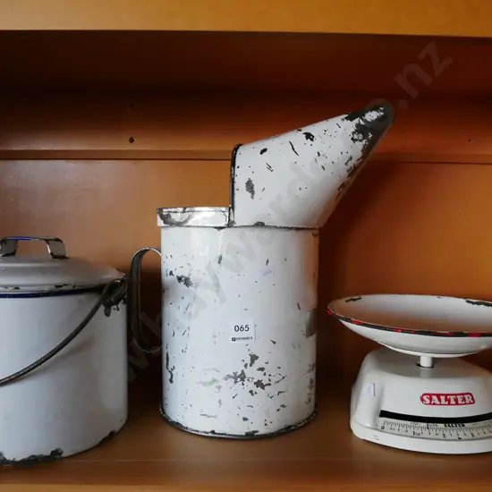 lidded enamel pail, large oil pourer, vintage scales