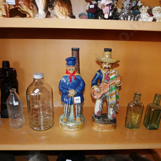 glass bottles, 2 figural decanters