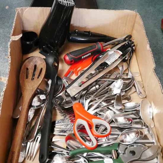 box; cutlery, hair dryer, kitchen utensils
