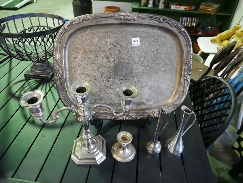 plated tray, candelabra, vases, candlestick Image 1++