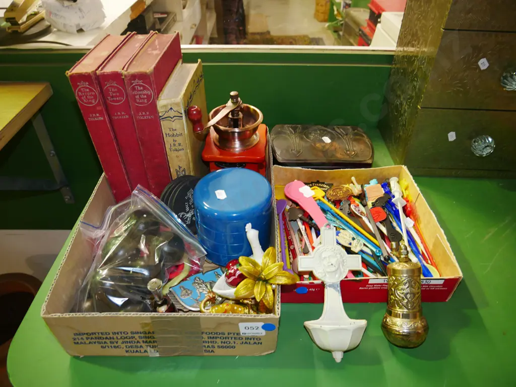 box of swizzle sticks, box of Tolkien books, storage canisters etc - blue dots Image 1++