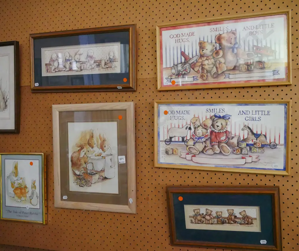 6x framed children's prints - bears, rabbits - orange dots Image 1++