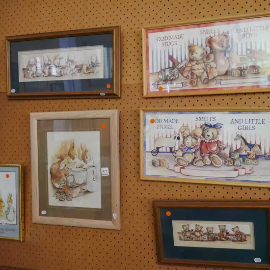 6x framed children's prints - bears, rabbits - orange dots