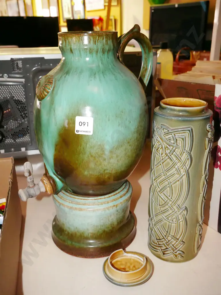 Irish porcelain lidded canister - repairs to lid, pottery water dispaenser on stand - no lid H-380 Image 1++