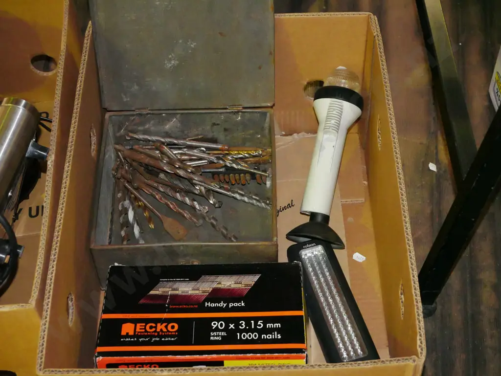 box; torches, nail gun nails, vintage tin,drill bits Image 1++