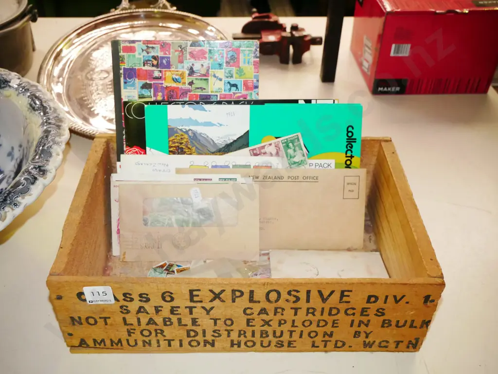 wooden ammunition crate, stamps, first day covers Image 1++