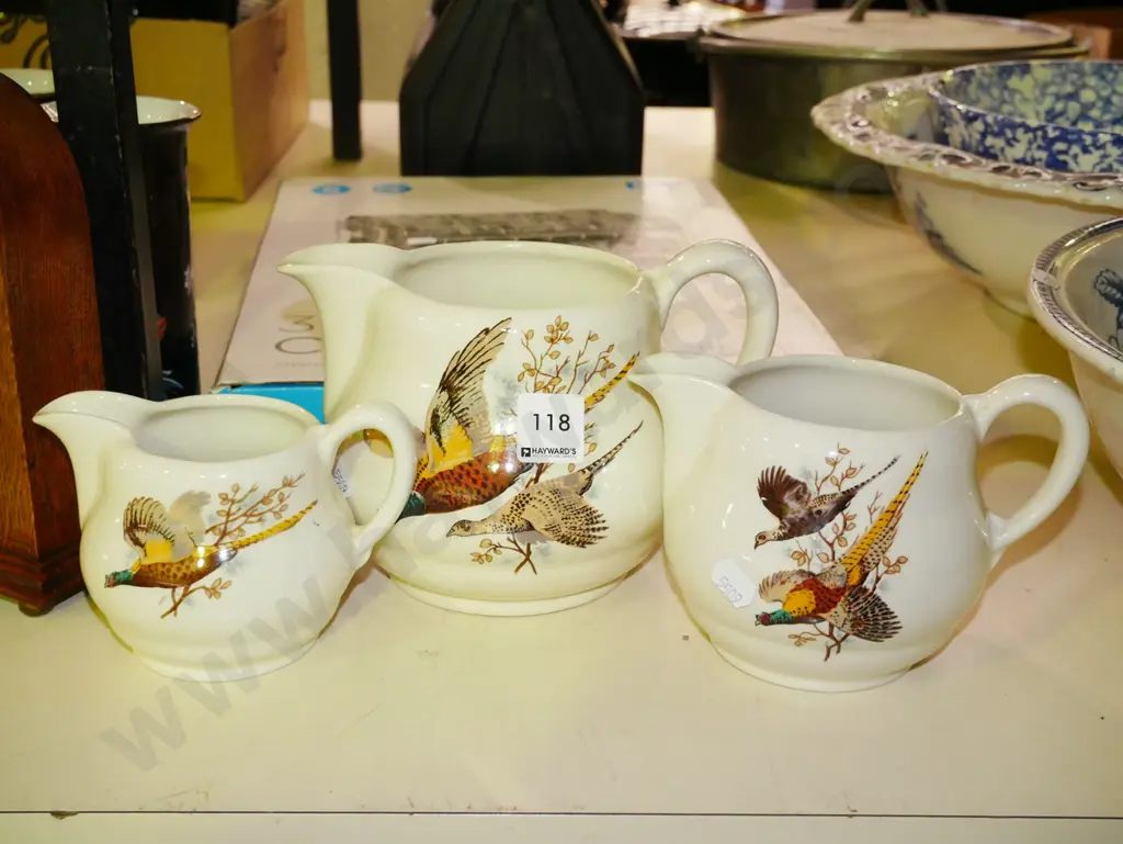 3x graduated pheasant jug Largest has internal staining Image 1++