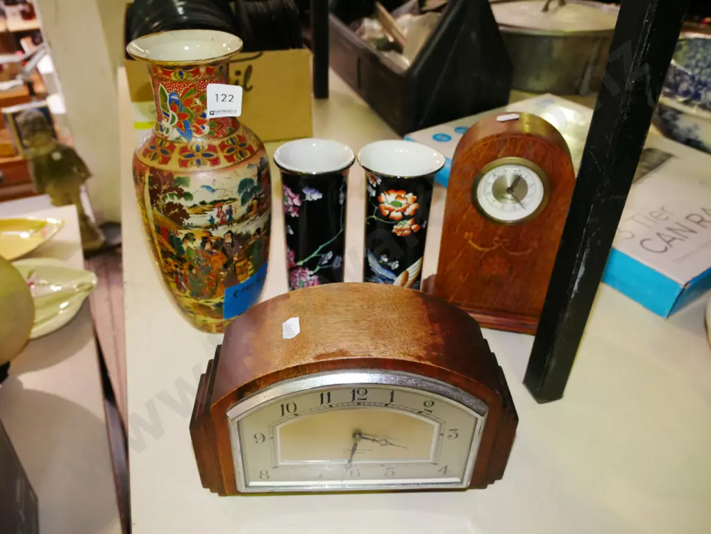2x wood cased mantle clocks, 2x Woods and Son canisters, Satsuma vase - has crack H-250 Image 1++