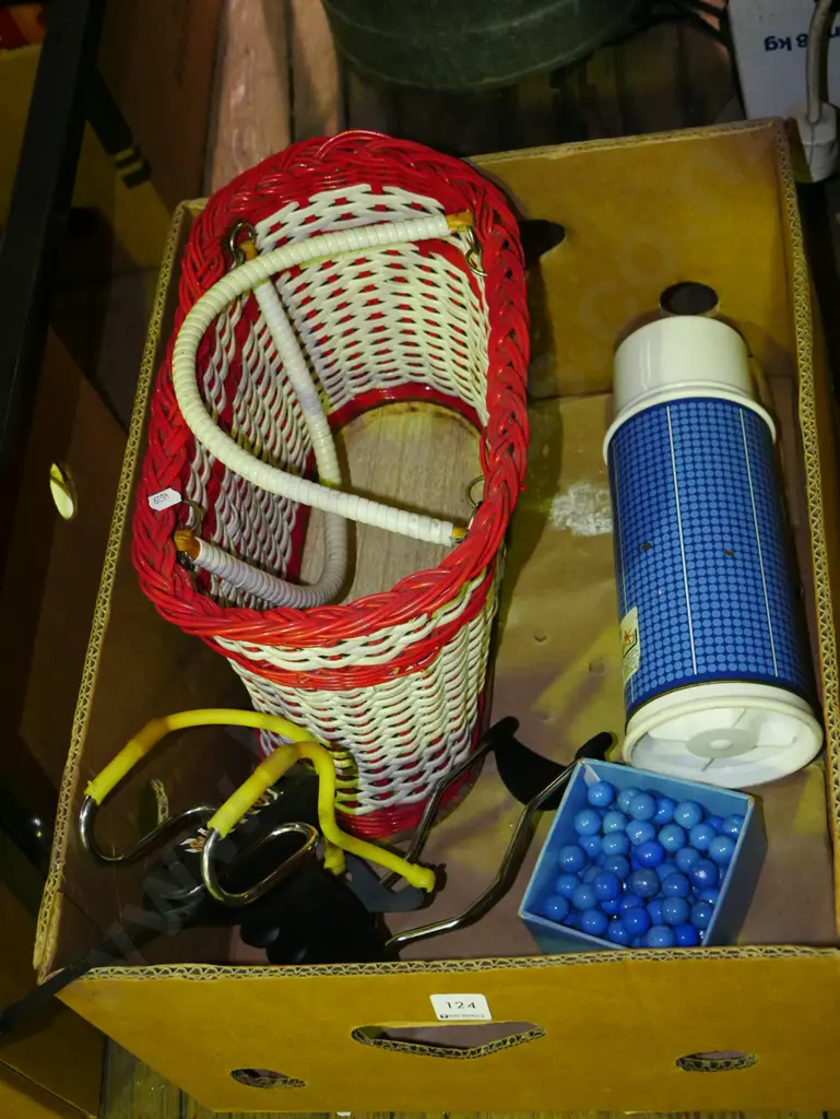 box; blue ceramic marbles, thermos, woven plastic basket, slingshot Image 1++