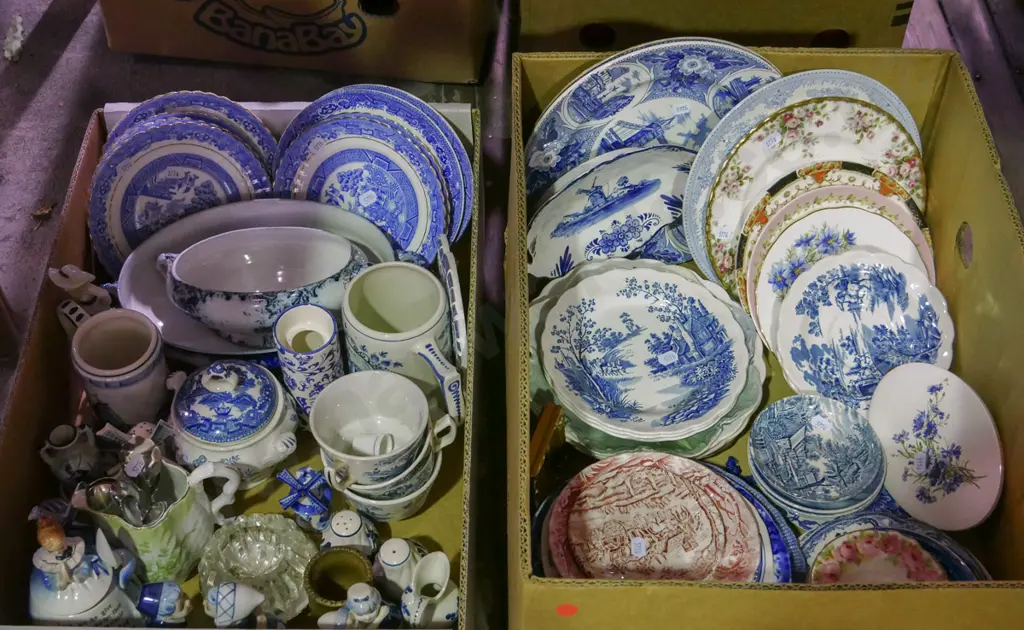 2x boxes; plates, cups, figurines etc - red dots Image 1++
