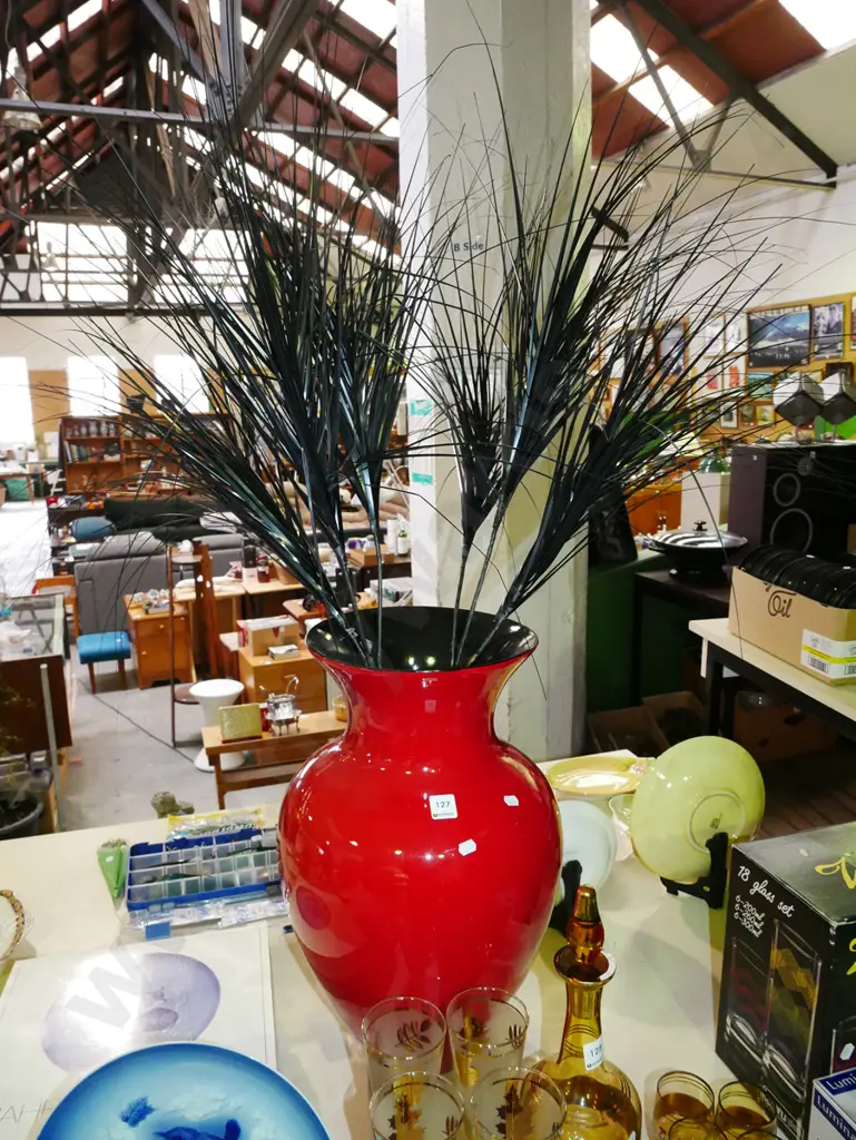 tall red glass vase and faux flowers Vase H-510 Image 1++
