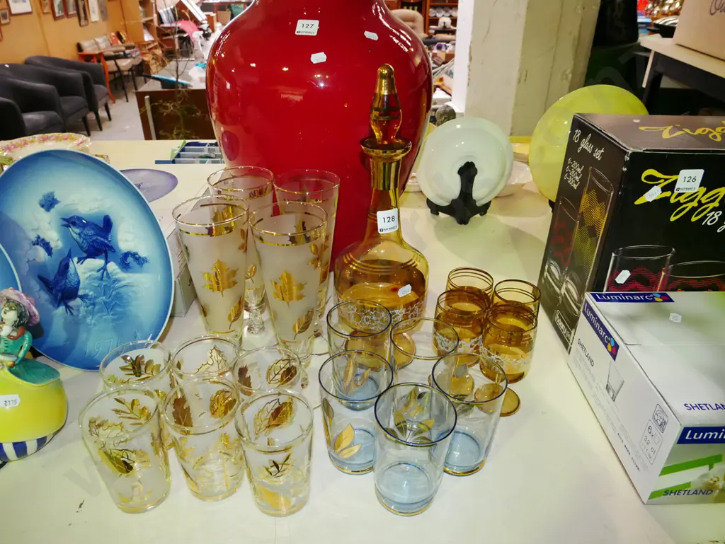 amber glass decanter and 4 matching glasses, various retro glasses Image 1++