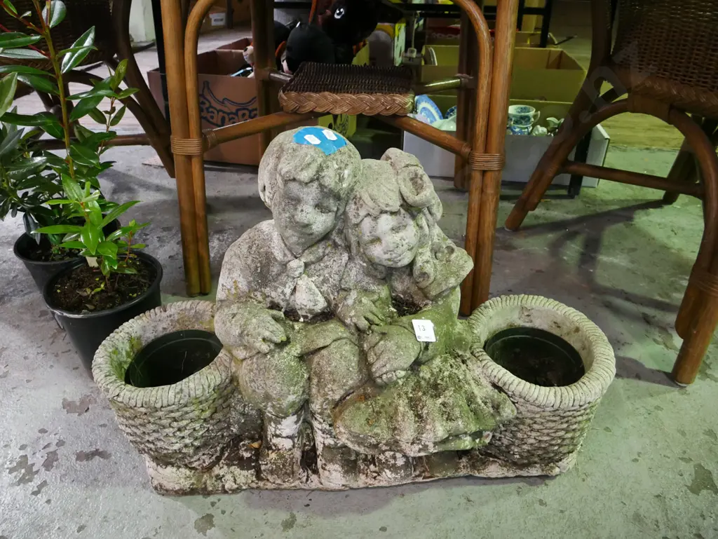 concrete garden ornaments/plant stand - children on bench H-420 Image 1++