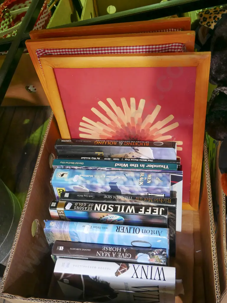 box; sporting books, 3x bed trays  Image 1++