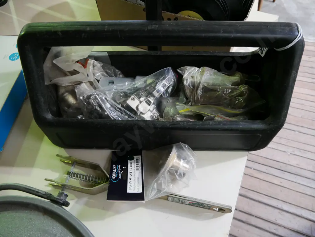 black plastic tool box; bolts, paint scraper, hinges etc Image 1++