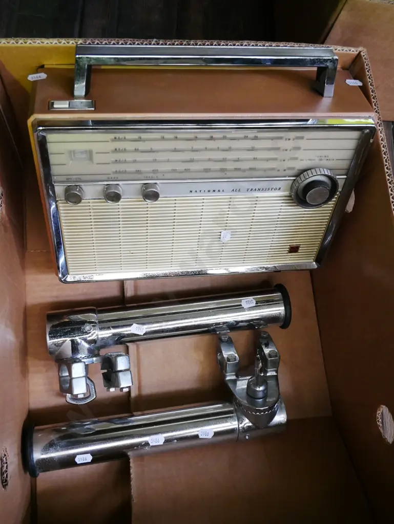 box; early National transistor radio, 2 adjustable stainless steel rod holders Image 1++