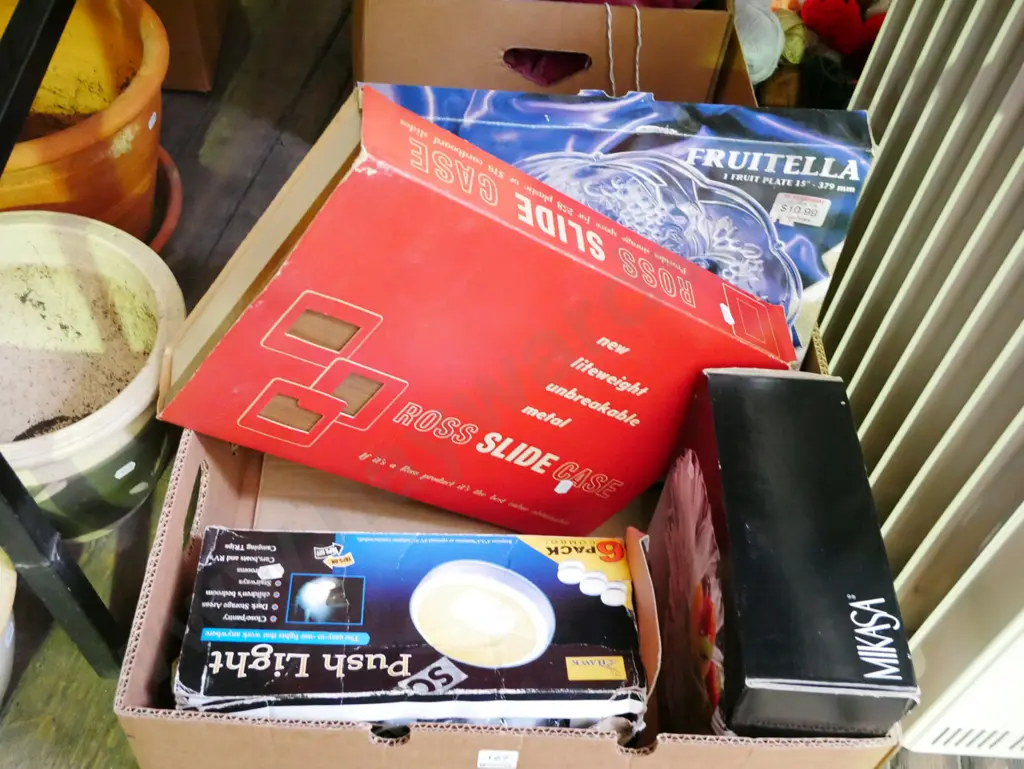 box; battery push lights, footed comport, fruit plates, slide projector storage case Image 1++
