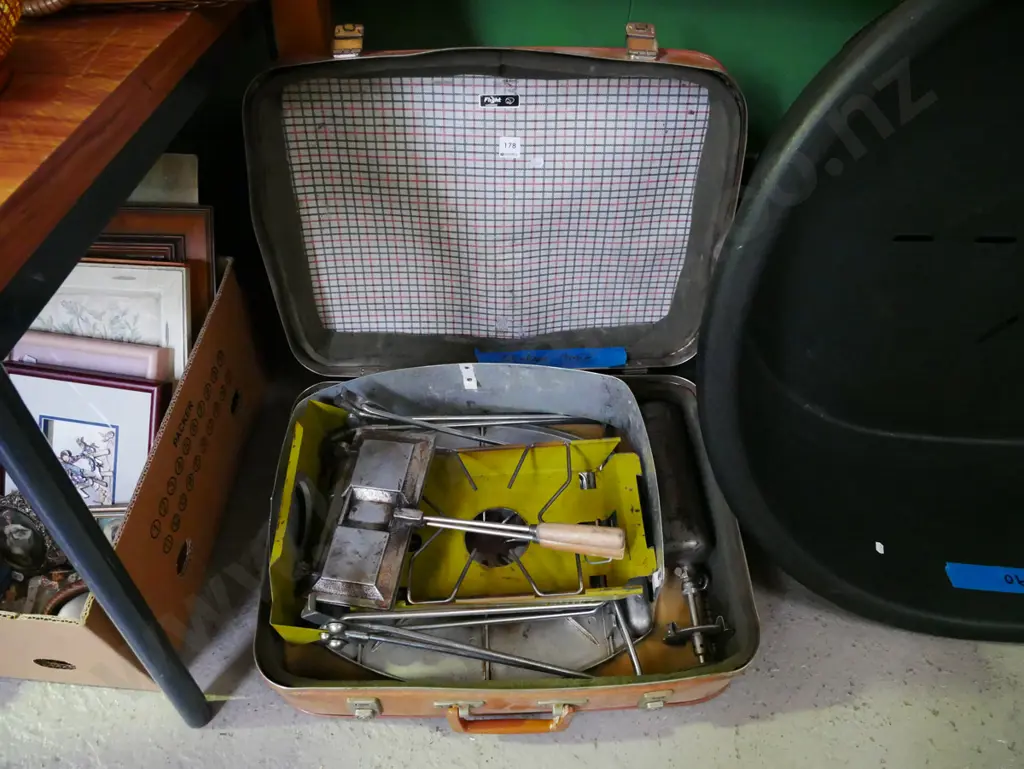 vintage broken suitcase, white spirits camp stove and bbq Image 1++