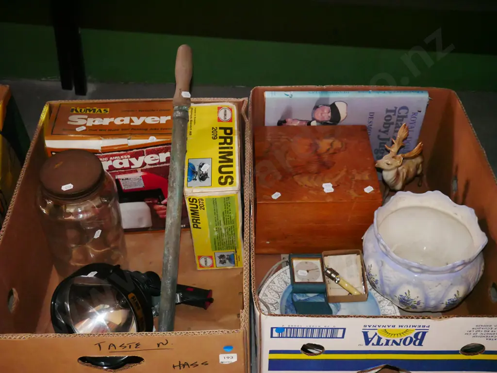 2x boxes; spotlight, storage canisters, jardiniere etc Image 1++