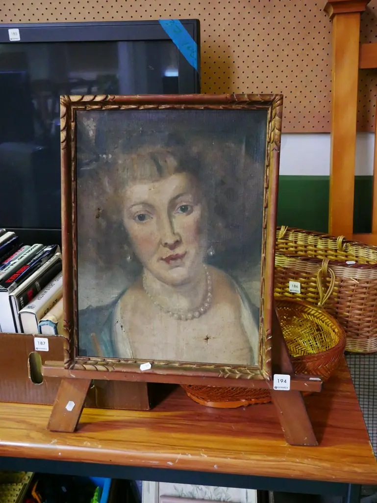 framed colonial oil on canvas, with easel - female portrait Image 1++