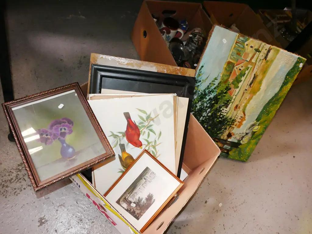 box of artworks- oils, watercolours, prints etc Image 1++