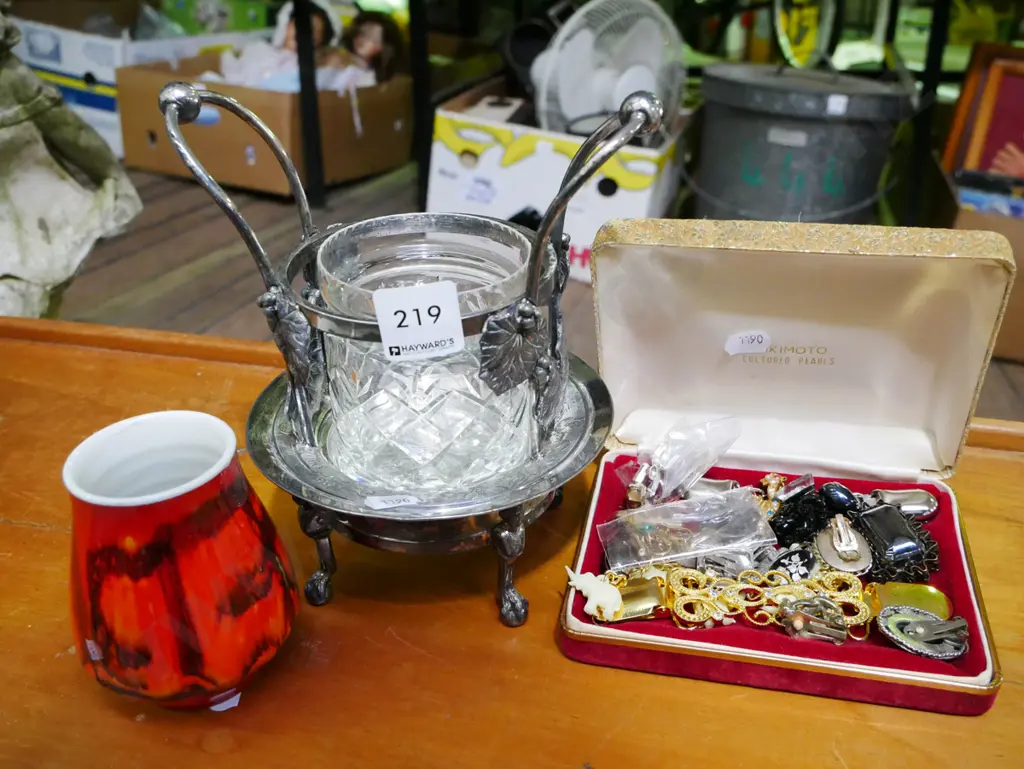 Poole Delphis vase,costume jewellery, plated stand with crystal honey pot - no lid Image 1++