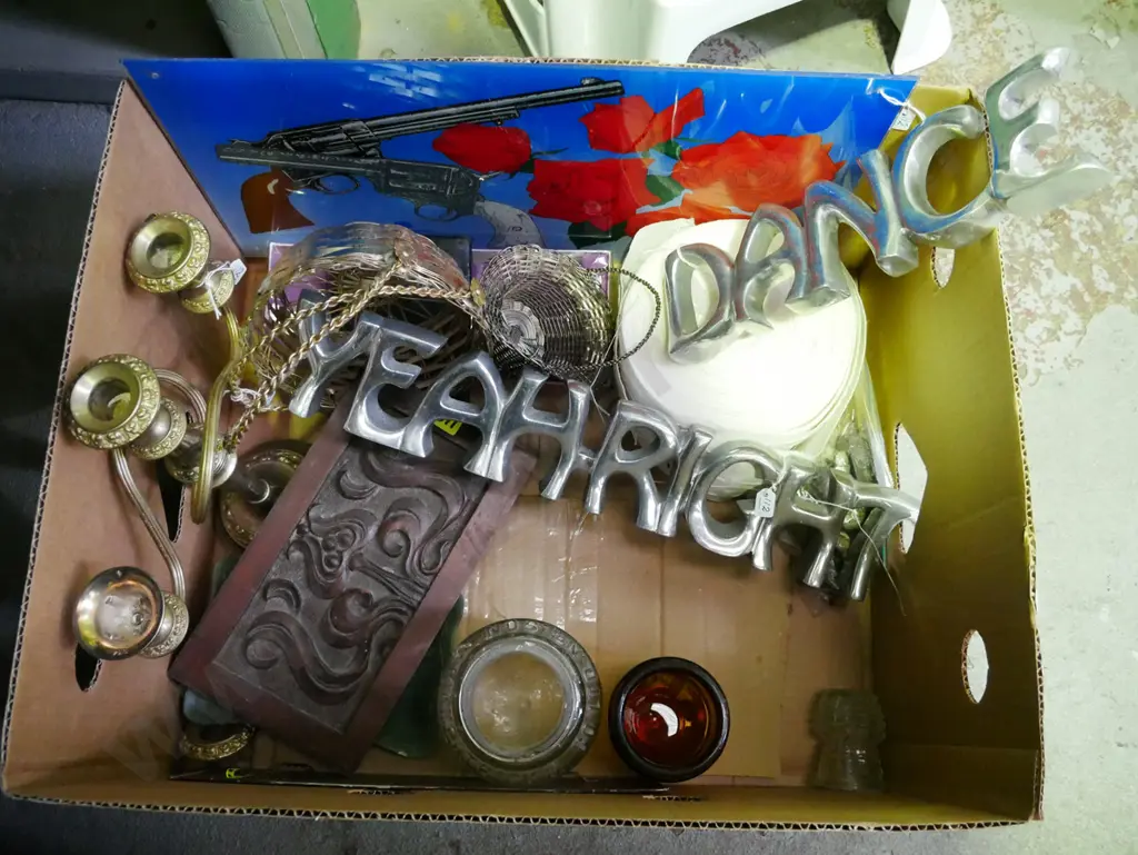 box; candelabra, tin sign, curtain hook tape etc Image 1++