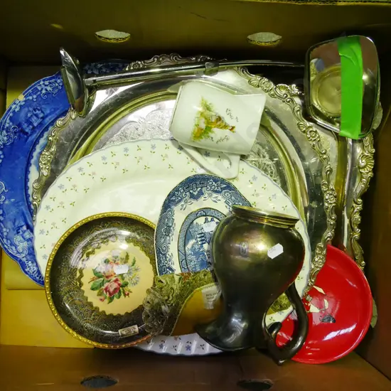 box; plated tray, ashets, jug etc