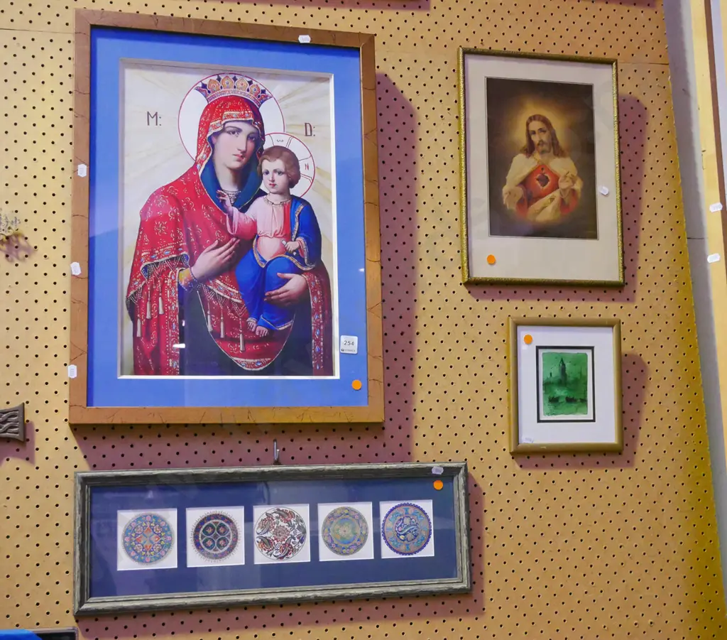 2x framed religious prints, 2x other prints - orange dots Image 1++