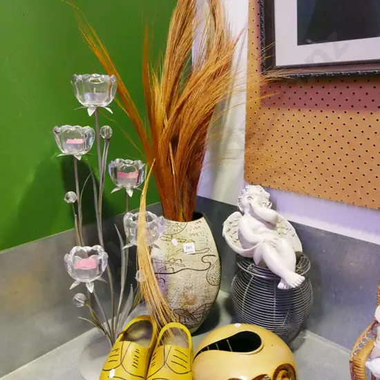 vase, grasses, wooden clogs, wire basket, candelabra H-650