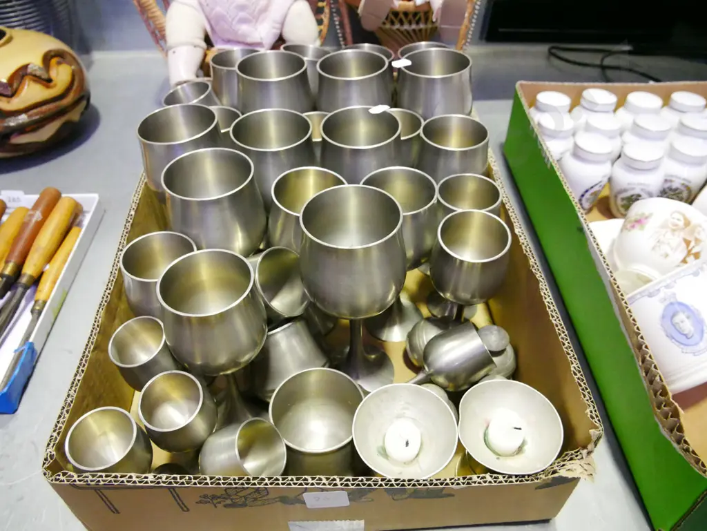 box; assorted pewter goblets, candlesticks, salt, peppers Image 1++