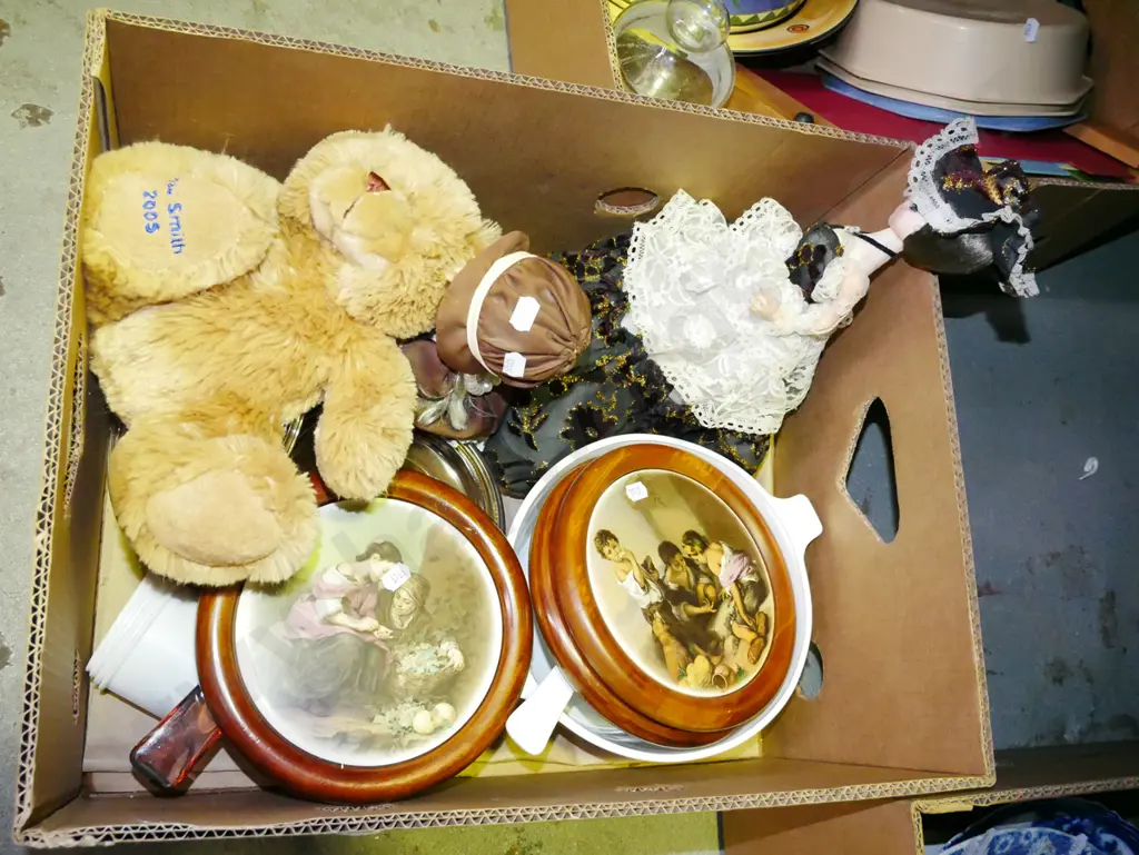 box; dolls, mixing bowls, ceramic coasters, teddy bear etc Image 1++