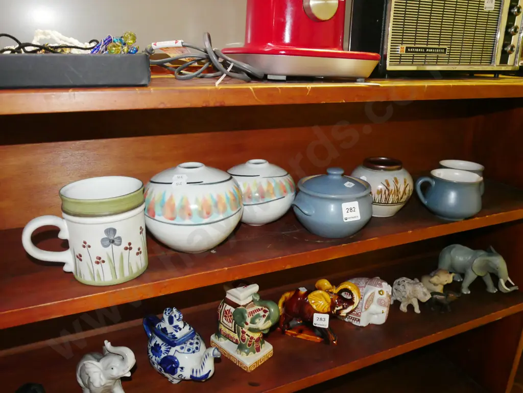 shelf; pottery vases, large Denby coffee cup, canister, sugar etc Image 1++
