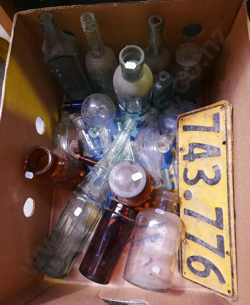 box; vintage bottles, lab glassware, number plates etc Image 1++