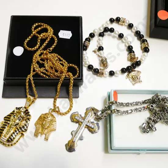 3x boxes of jewellery; crucifix, Egyptian items, beaded necklace - red dots