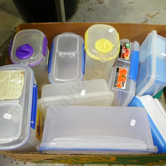 box; plastic storage containers and jugs