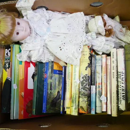 box; 2x dolls, books