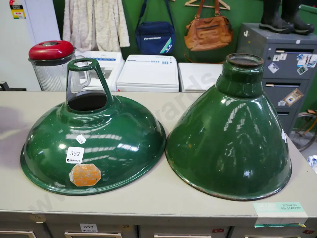 2x vintage enamel industrial light shades - some rust and marks H-180 Image 1++