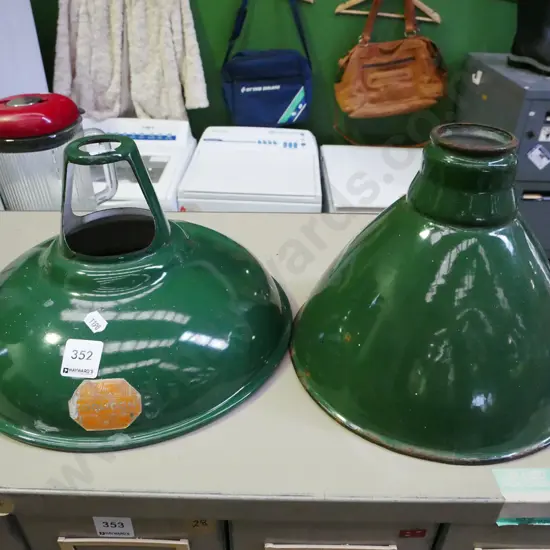 2x vintage enamel industrial light shades - some rust and marks H-180