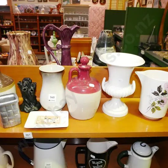 shelf; jugs, vases, hat pin stands, tray etc