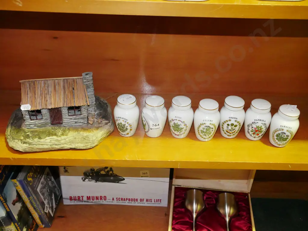 small stone cottage, various ceramic herb canisters Image 1++